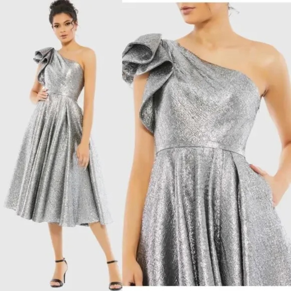 Mac Duggal Style #67906 One Shoulder Bow Midi Dress Brocade Metallic Silver